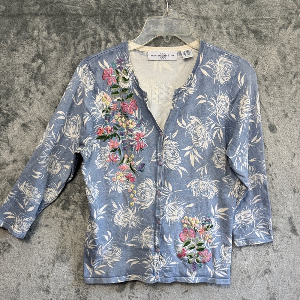 Marisa Christina Lg Blue Floral Embroidered Button-Front Top embellished silk bl - Picture 1 of 9
